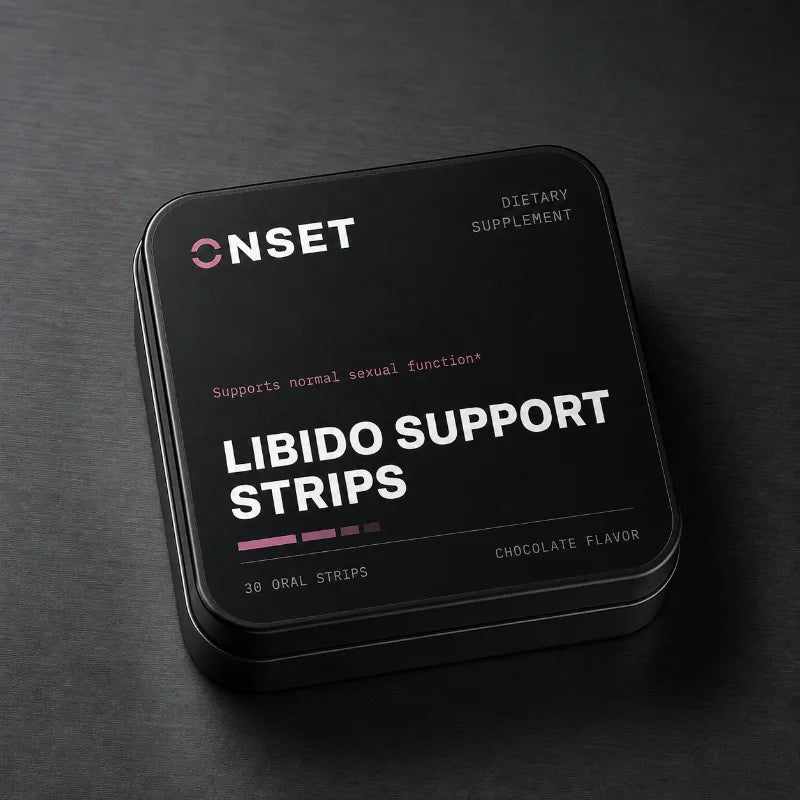 Onset LIBIDO SUPPORT Strips — black tin flat-lay render