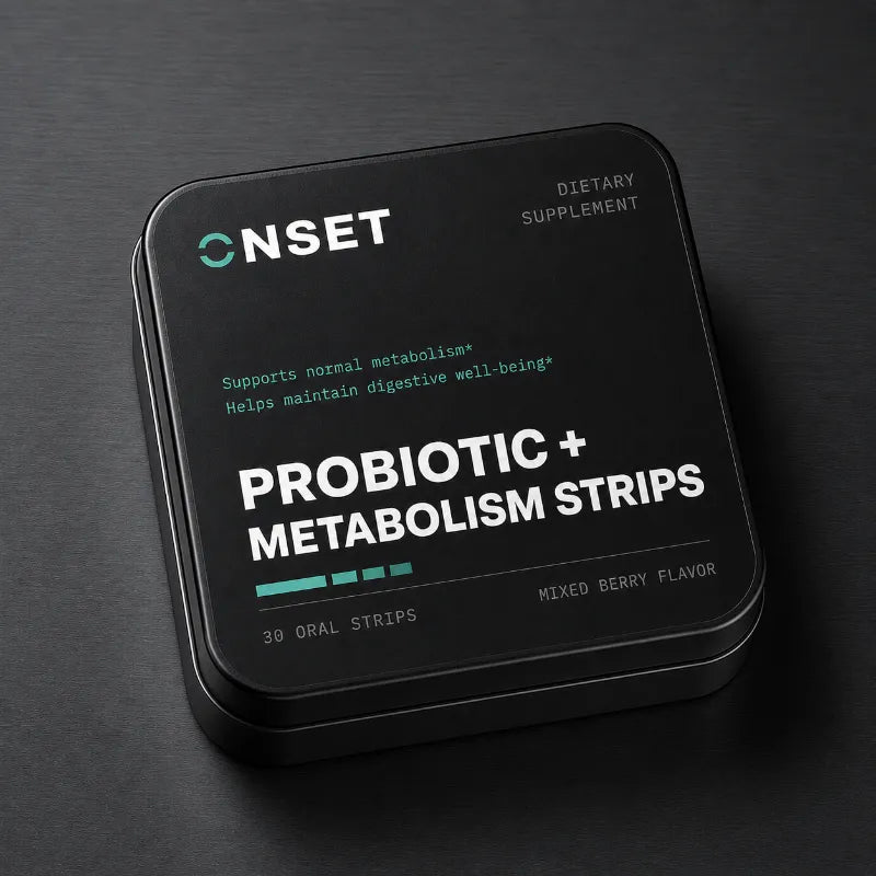 Onset PROBIOTIC + METABOLISM Strips — black tin flat-lay render