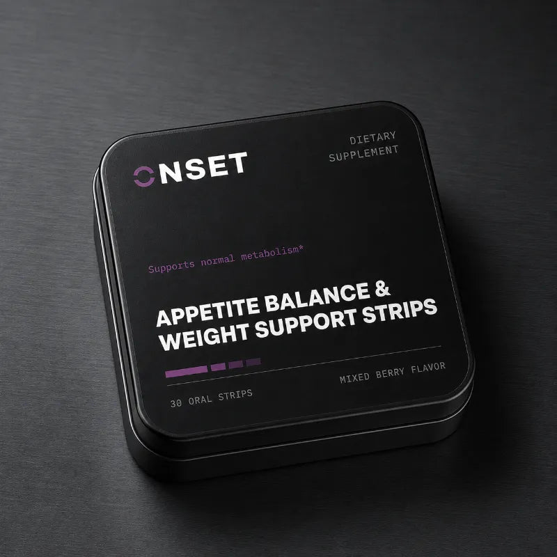 Onset APPETITE BALANCE & WEIGHT SUPPORT Strips — black tin flat-lay render