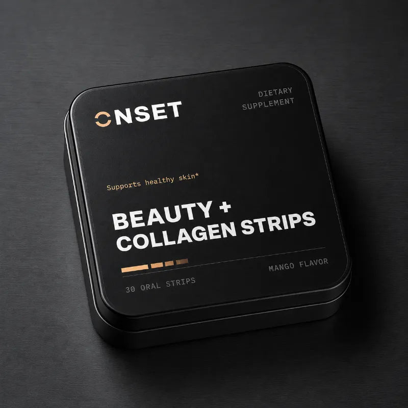 Onset BEAUTY + COLLAGEN Strips — black tin flat-lay render