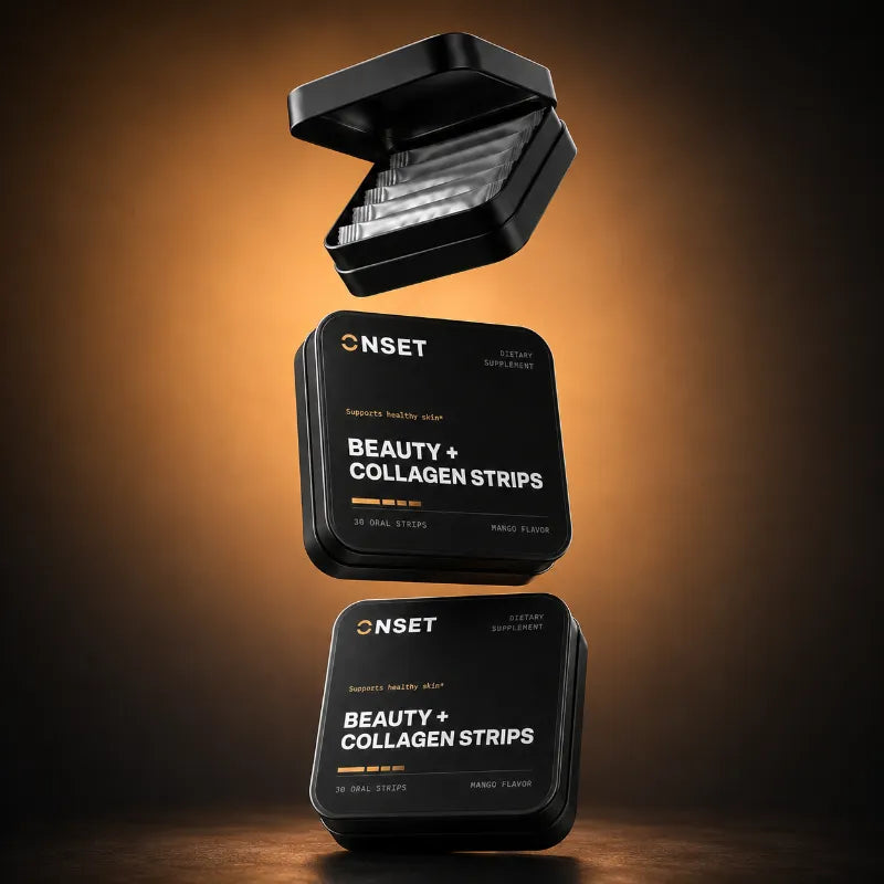 Onset BEAUTY + COLLAGEN Strips — floating tins with open tin of strip sachets