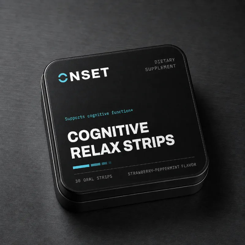 Onset COGNITIVE RELAX Strips — black tin flat-lay render