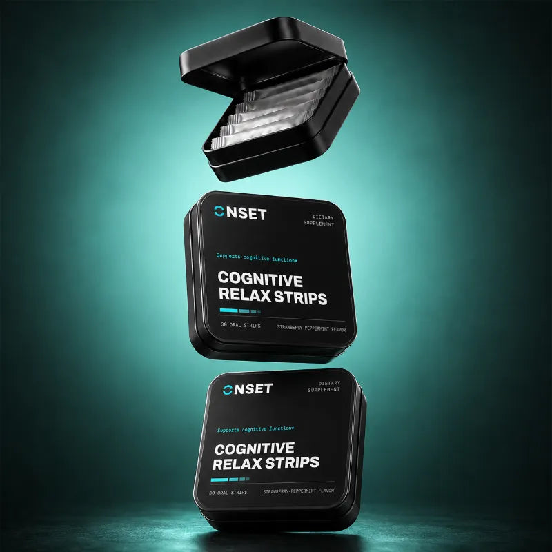 Onset COGNITIVE RELAX Strips — floating tins with open tin of strip sachets