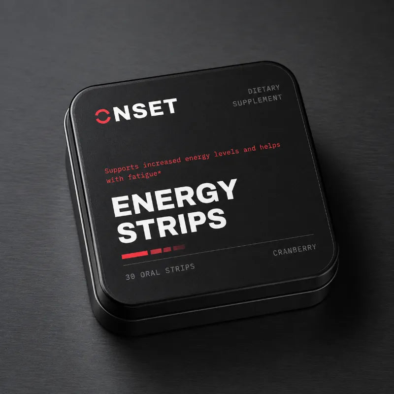 Onset ENERGY Strips — black tin flat-lay render