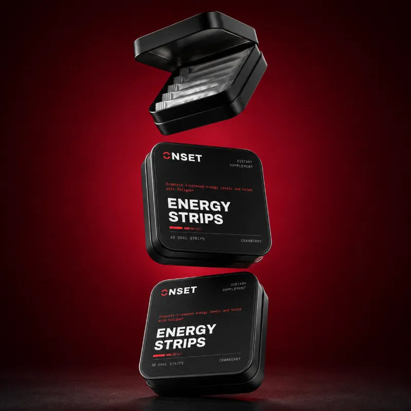 Onset ENERGY Strips — floating tins with open tin of strip sachets