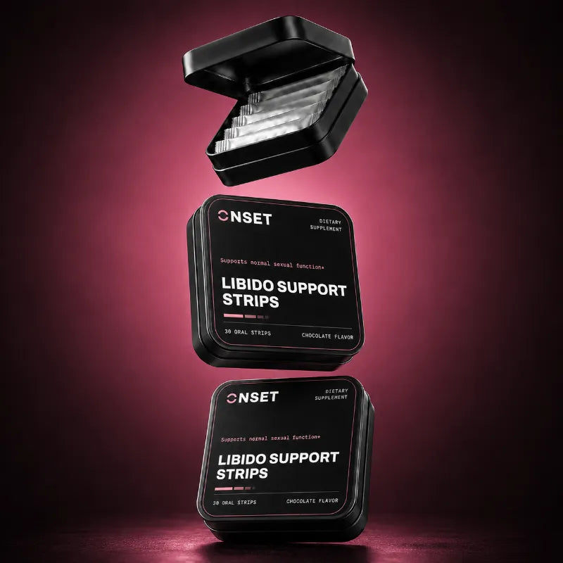 Onset LIBIDO SUPPORT Strips — floating tins with open tin of strip sachets