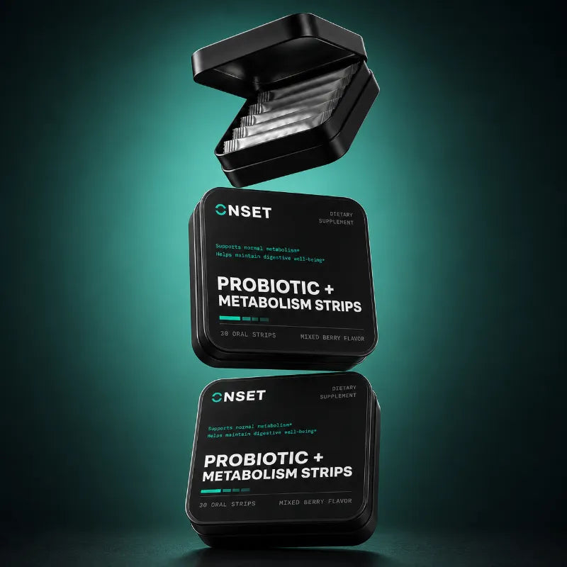 Onset PROBIOTIC + METABOLISM Strips — floating tins with open tin of strip sachets