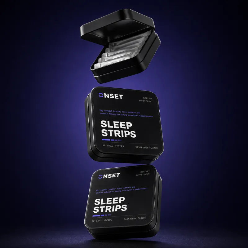 Onset SLEEP Strips — floating tins with open tin of strip sachets